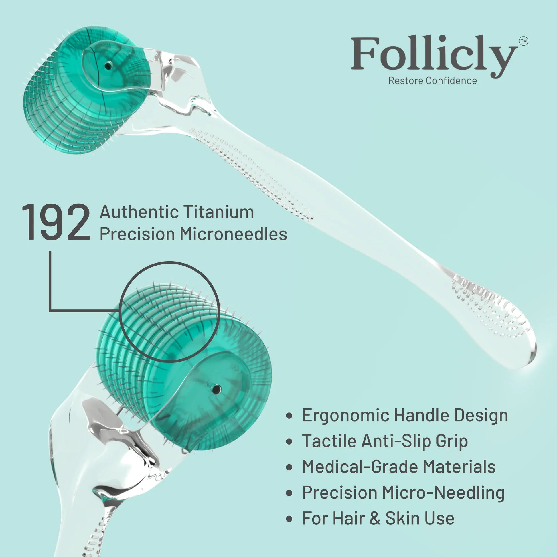 Follicly™ Derma Roller 3-Pack – 192 Authentic Titanium Microneedles (Value Bundle)