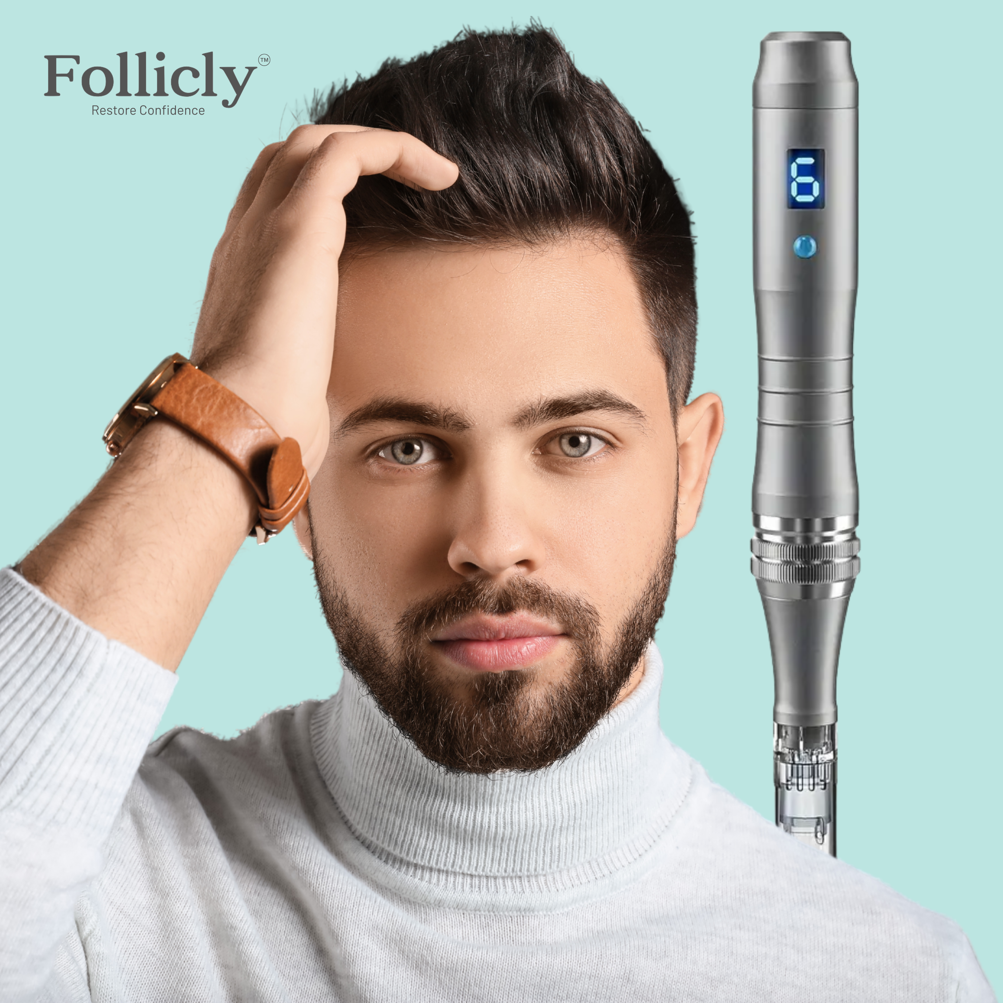 Follicly™ Derma Pen with 12 Adjustable Needle Cartridges (16, 36, or 42 Pin Needles)