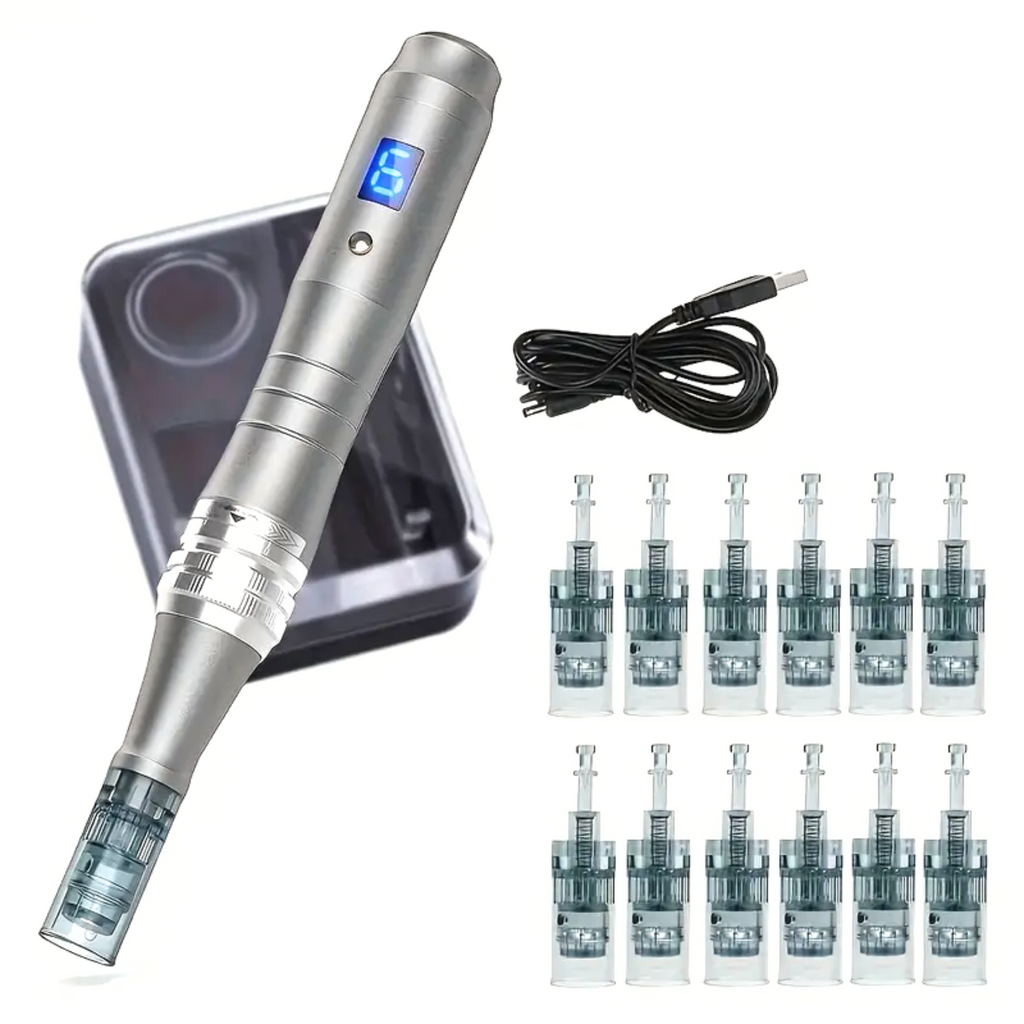 Follicly™ Derma Pen with 12 Adjustable Needle Cartridges (16, 36, or 42 Pin Needles)