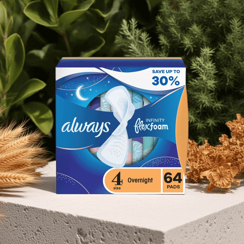 Always Infinity FlexFoam Overnight Pads with Wings, Unscented, Size 4, 64 ct.