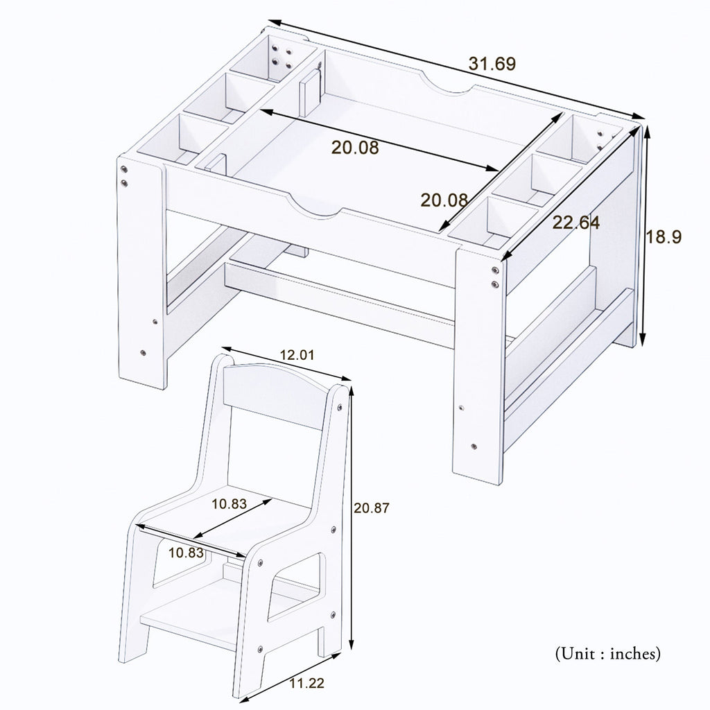 2 in 1 Play Table and 2 Chair Set with Storage, Compatible with LEGO and Duplo Bricks, Activity Table Playset Furniture with Modern White Color