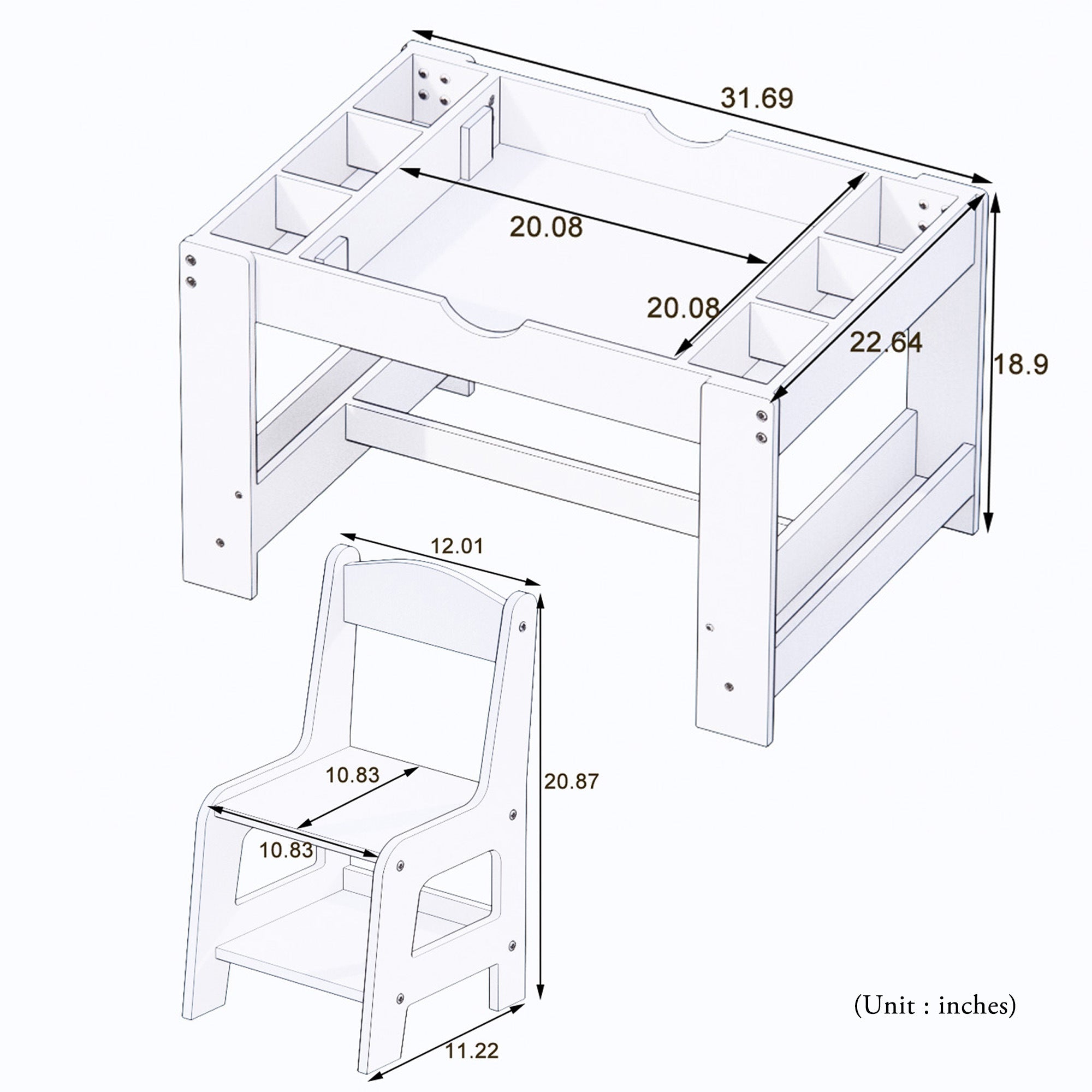 2 in 1 Play Table and 2 Chair Set with Storage, Compatible with LEGO and Duplo Bricks, Activity Table Playset Furniture with Modern White Color