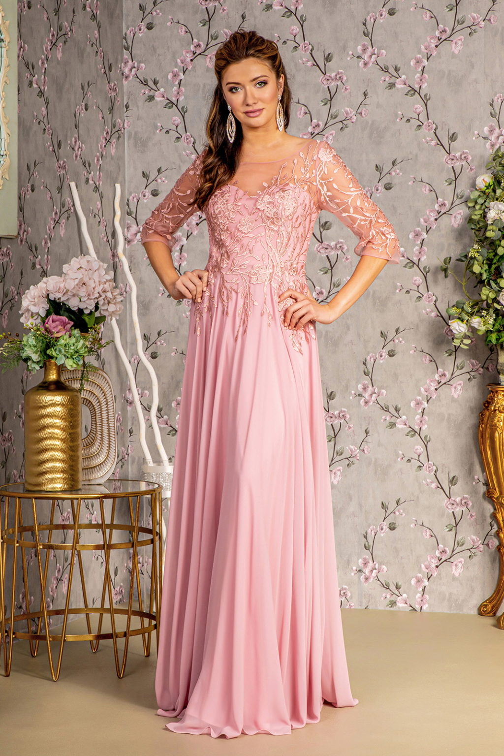 Bead Embroidery Sheer Neckline V-back Chiffon A-line Long Dress-0