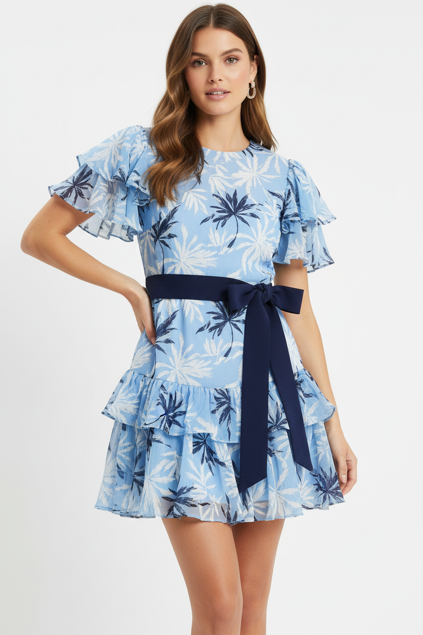Sky Blue Palm Floral Print Contrast Ribbon Knot Ruffle Tiered Sleeve Mini Dress
