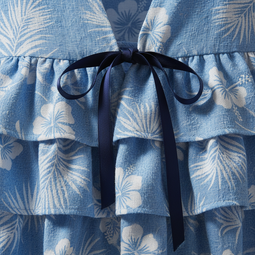 Sky Blue Palm Floral Fabric Close-Up